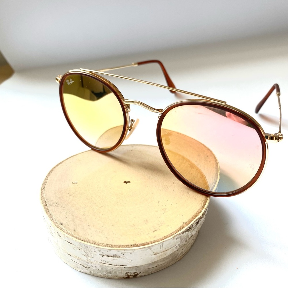 Ray-Ban Gold and Pink Mirror Round Sunglasses